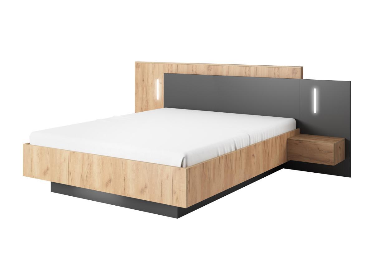 Vente-unique Bett mit Nachttischen - 140 x 190 cm - 2 Schubladen - Mit LED-Beleuchtung - Holzfarben & Anthrazit - FRANCOLI  