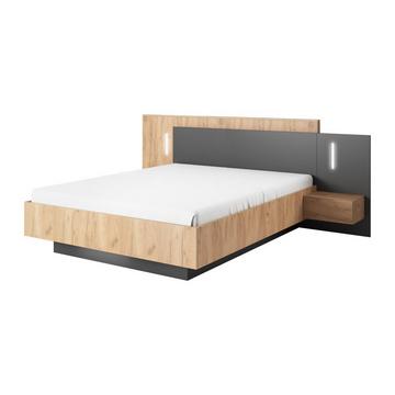 Bett mit Nachttischen - 140 x 190 cm - 2 Schubladen - Mit LED-Beleuchtung - Holzfarben & Anthrazit - FRANCOLI