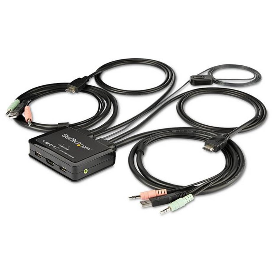 StarTech.com 2 Port HDMI KVM Switch - 4K 60Hz - Kompakter Dual-Port-UHDUltra-HD USB Desktop KVM Switch mit integrierten 1,22m Kabeln und Audio - Busbetriebenes und Remote-Switching - MacBook ThinkPad