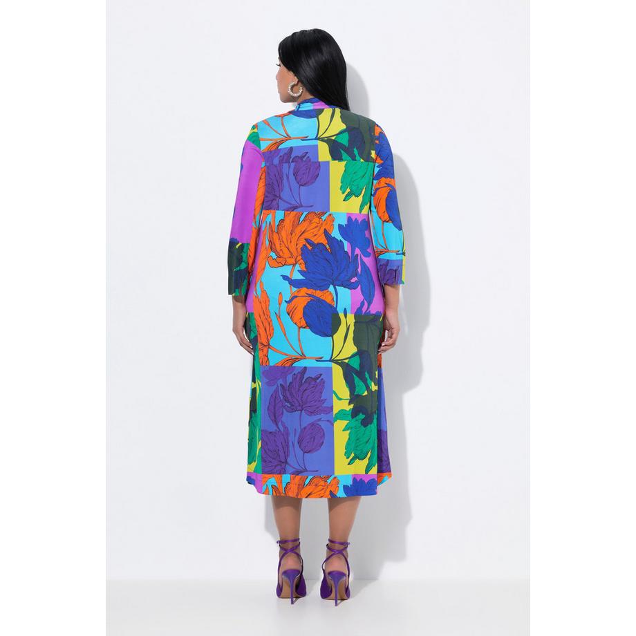 Ulla Popken Abito Midi Slinky Stampa Foglie Collo Alto Maniche 3/4  