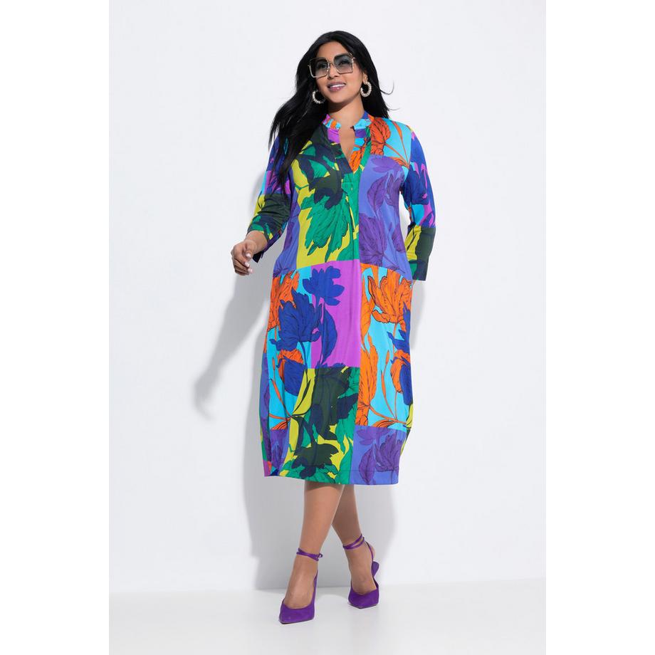 Ulla Popken Abito Midi Slinky Stampa Foglie Collo Alto Maniche 3/4  