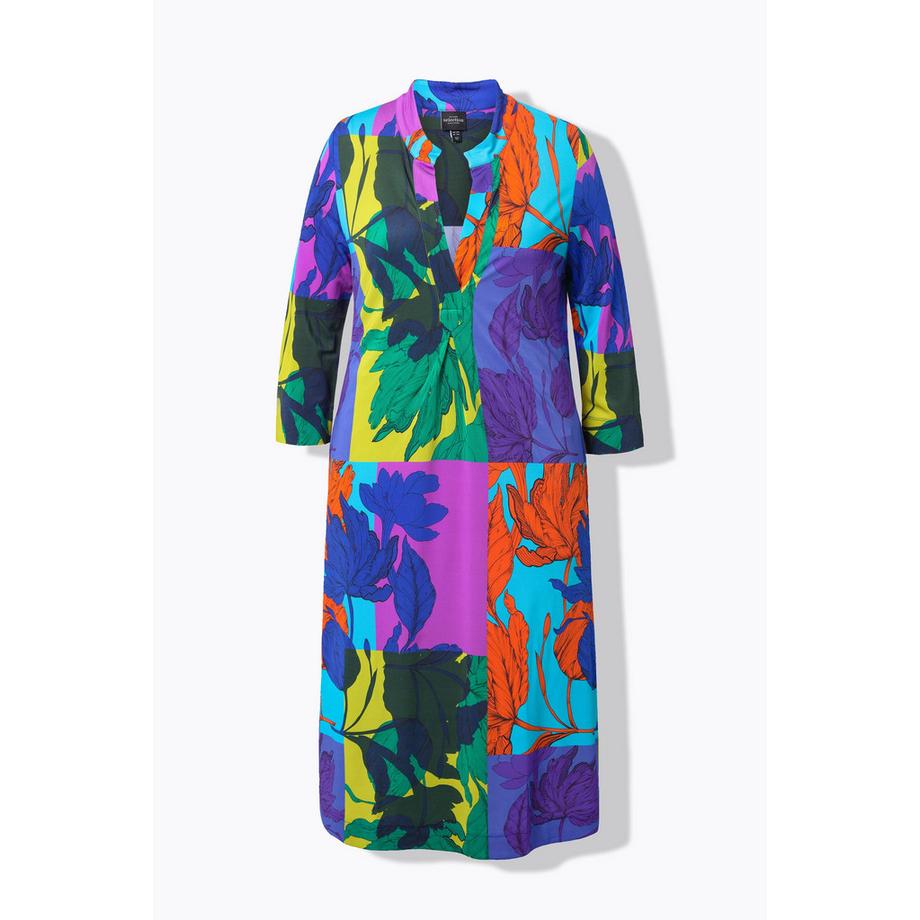 Ulla Popken Abito Midi Slinky Stampa Foglie Collo Alto Maniche 3/4  