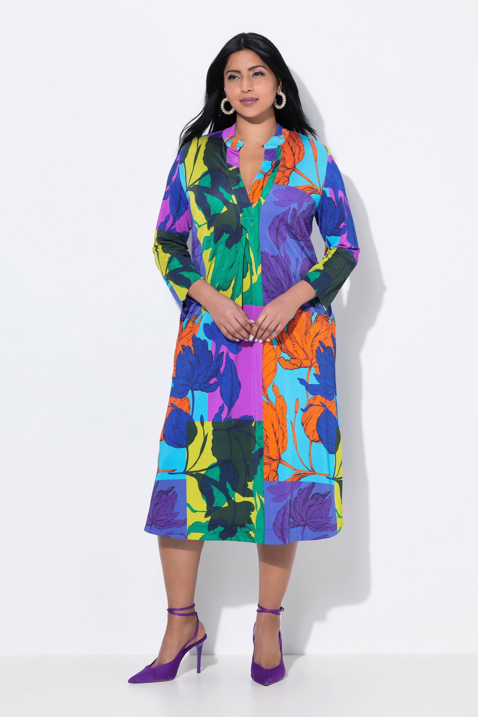 Ulla Popken Slinky Blätter Stehkragen 3/4 Arm Midikleid  