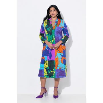 Slinky-Midikleid, Blätter, Stehkragen, 3/4-Arm