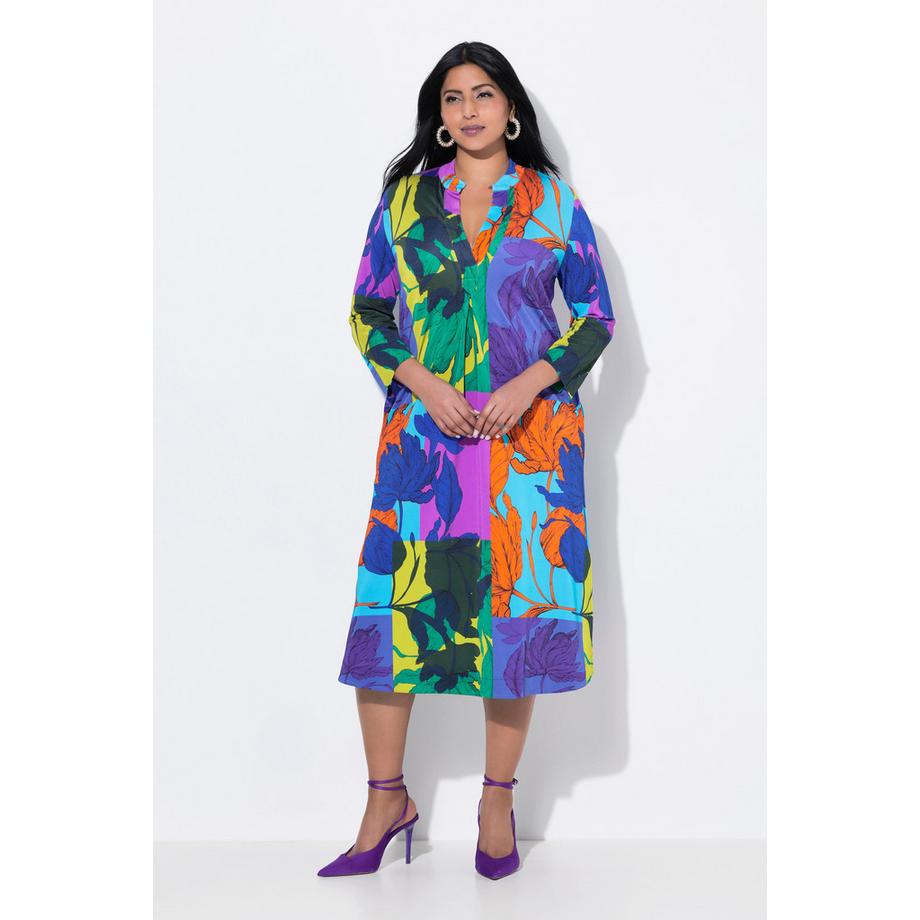 Ulla Popken Abito Midi Slinky Stampa Foglie Collo Alto Maniche 3/4  