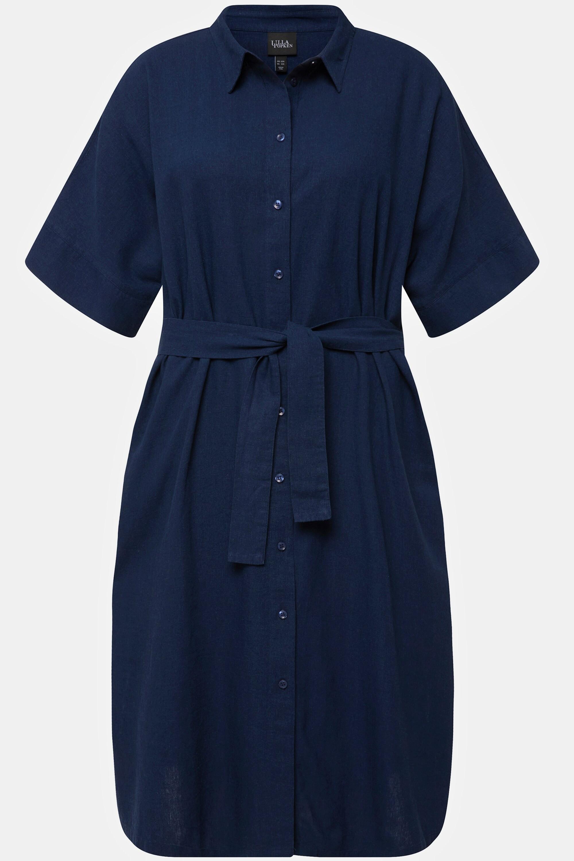 Ulla Popken  Robe midi en lin mélangé, col chemise et manches courtes, ceinture 