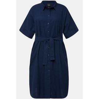 Ulla Popken  Abito midi in misto lino con cintura, colletto da camicia e mezze maniche 