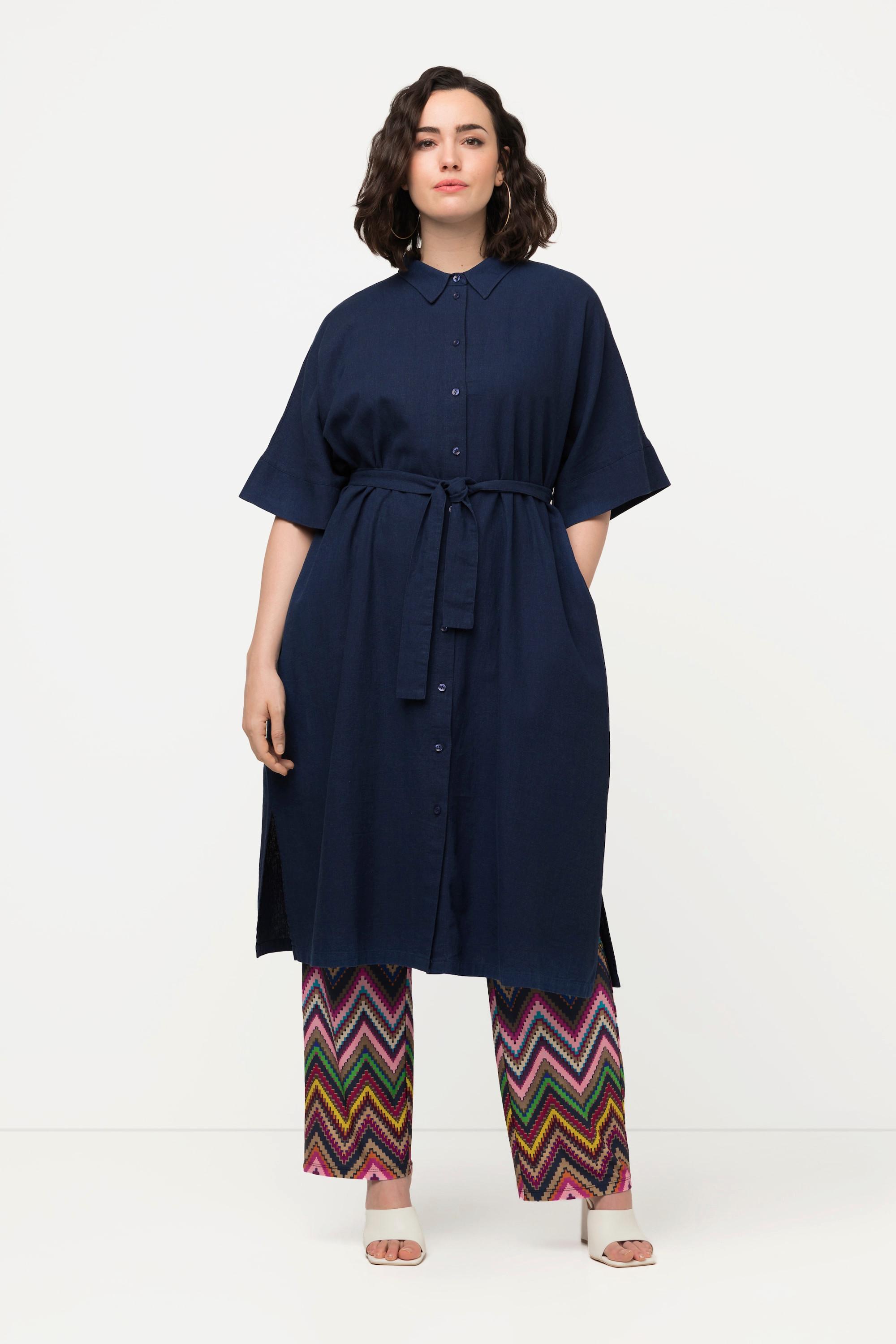 Ulla Popken  Robe midi en lin mélangé, col chemise et manches courtes, ceinture 