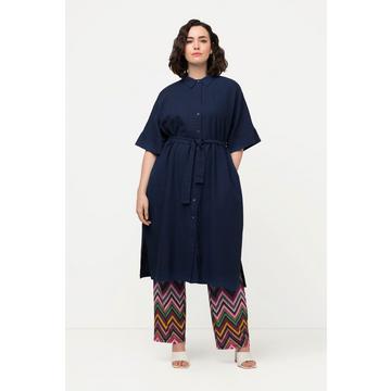 Robe midi en lin mélangé, col chemise et manches courtes, ceinture