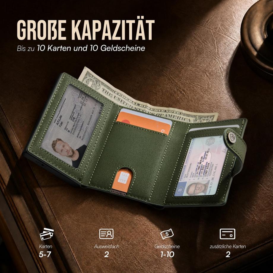 Only-bags.store Schmales Portemonnaie mit Münzfach - Dünnes Portemonnaie mit Pop-up-Kartenhalter für 9 Karten & 2 ID-Karten & 10 Geldscheine  