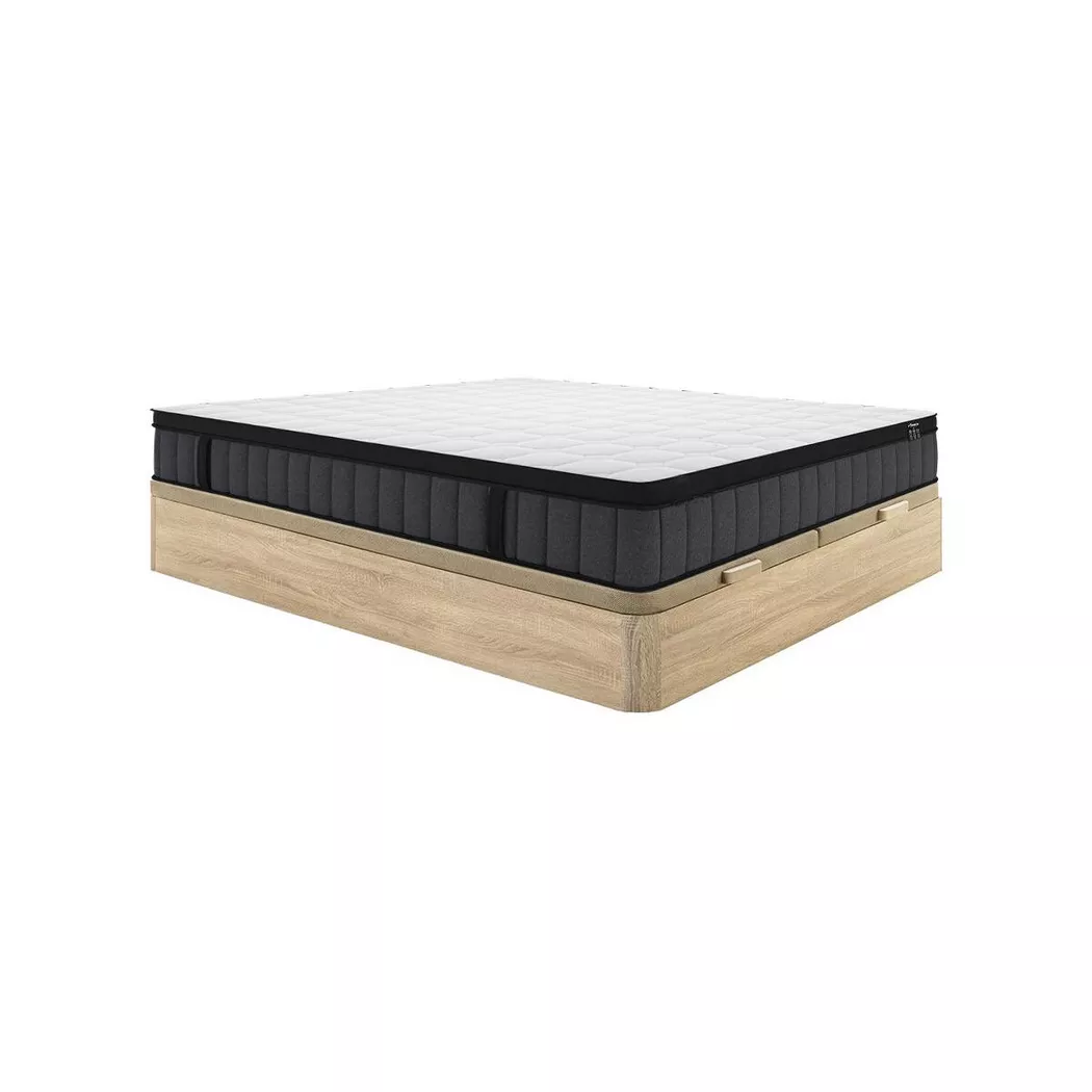 Ysmée - Set aus Bettgestell mit Bettkasten + Matratze - 180 x 200 cm - 7-Zonen-Taschenfederkern & Memory Schaum - Stärke 25 cm - Holzfarben hell - TOLCA von 180x200 cm, Beige
