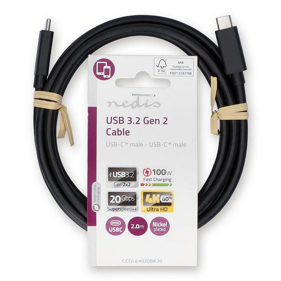 Nedis  USB-Kabel | USB 3.2 Gen 2x2 | USB-C™ Hane | USB-C™ Hane | 100 W | 4K@60Hz | 20 Gbps | Nickelplaterad | 2,00 m | Rund | PVC | Svart | Label 