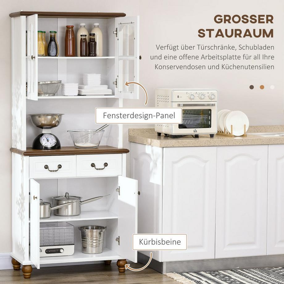 Northio Küchenschrank, Küchenbuffet Mit 2 Schubladen, Hochschrank Mit Offenem Fach, Vitrinenschrank Mit Soft-Close-Funktion 76 X 38 X 182 Cm, Weiß  