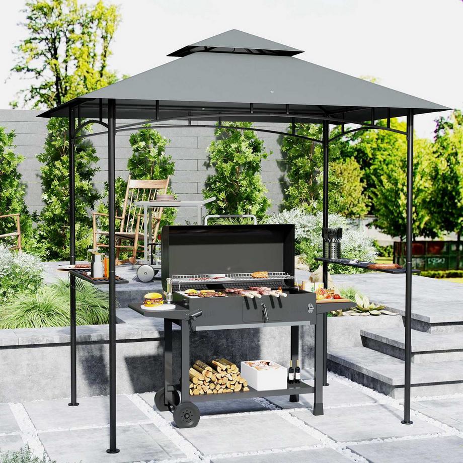 Northio Grillpavillon mit LED 240 x 150 x 258 cm wasserabweisend flammhemmend Gartenpavillon mit Doppelschichtdach, Seitenregalen, Gartenlauben mit UV-Schutz, BBQ Pavillon für Party BBQ Dunkelgrau Aosom  