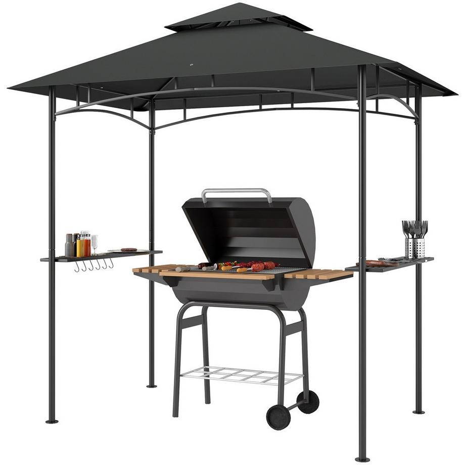 Grillpavillon mit LED 240 x 150 x 258 cm wasserabweisend flammhemmend Gartenpavillon mit Doppelschichtdach, Seitenregalen, Gartenlauben mit UV-Schutz, BBQ Pavillon für Party BBQ Dunkelgrau Aosom