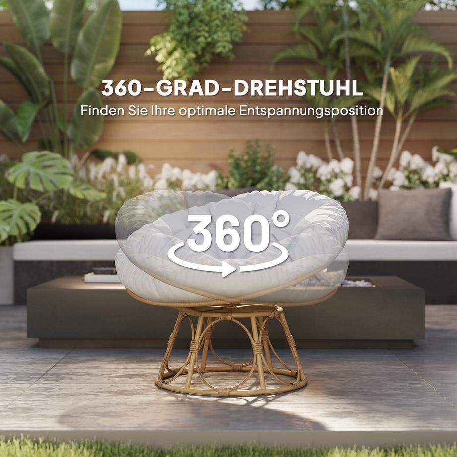 Northio Chaise Papasan en rotin, chaise rotative à 360° en osier avec coussin d'assise diamètre 120 cm, chaise ronde d'extérieur en rotin, chaise pivotante, chaise longue inclinable pour salon, jardin, balcon, gris clair Aosom  