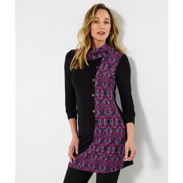 Tunika mit Blumenjacquard, Zierknöpfen und Wasserfallkragen