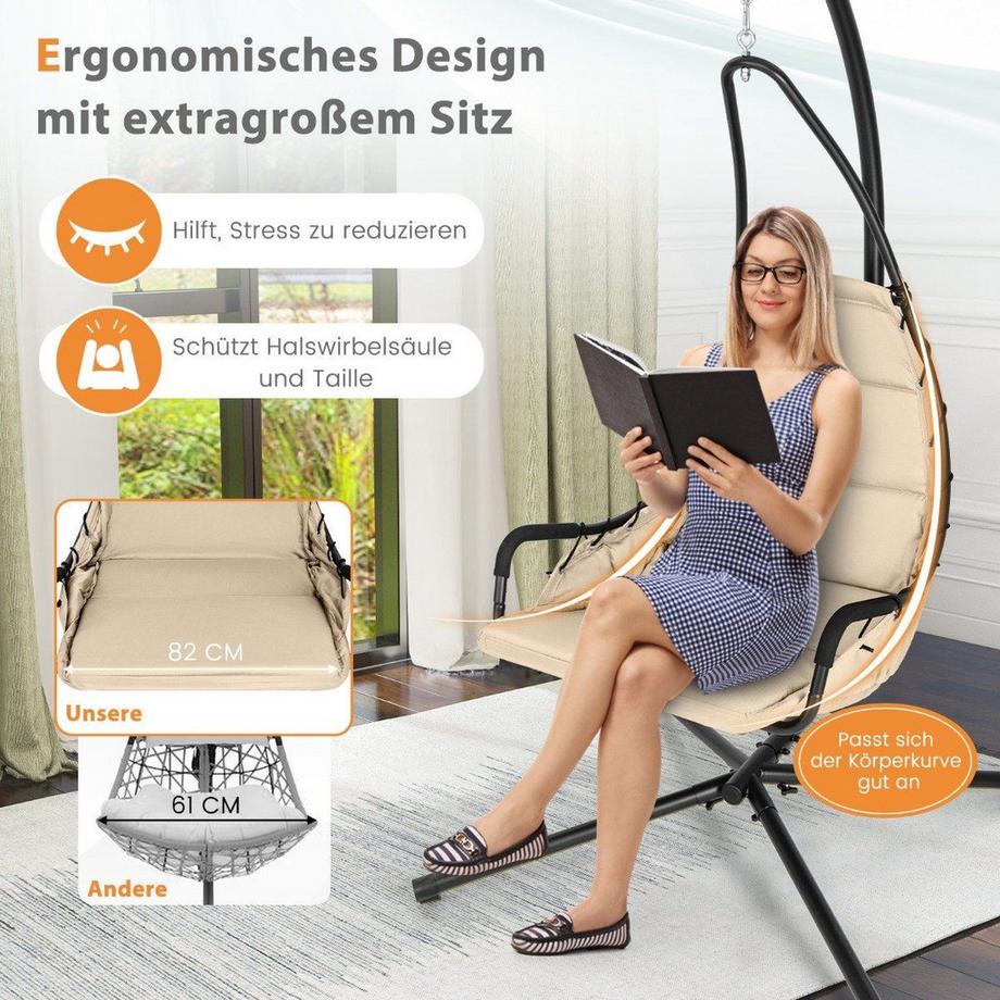 B2X Hängesessel mit Gestell & Extra Großem Gepolstertem Sitz & Robustem Metallrahmen Hängematte Beige  