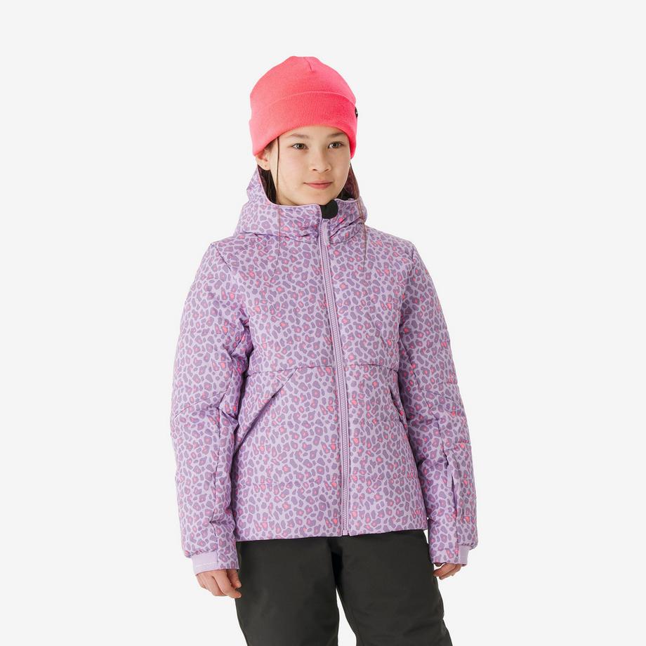 Doudoune de ski chaude pour enfant 6-14 ans, 100 WARM mauve à motifs léopard