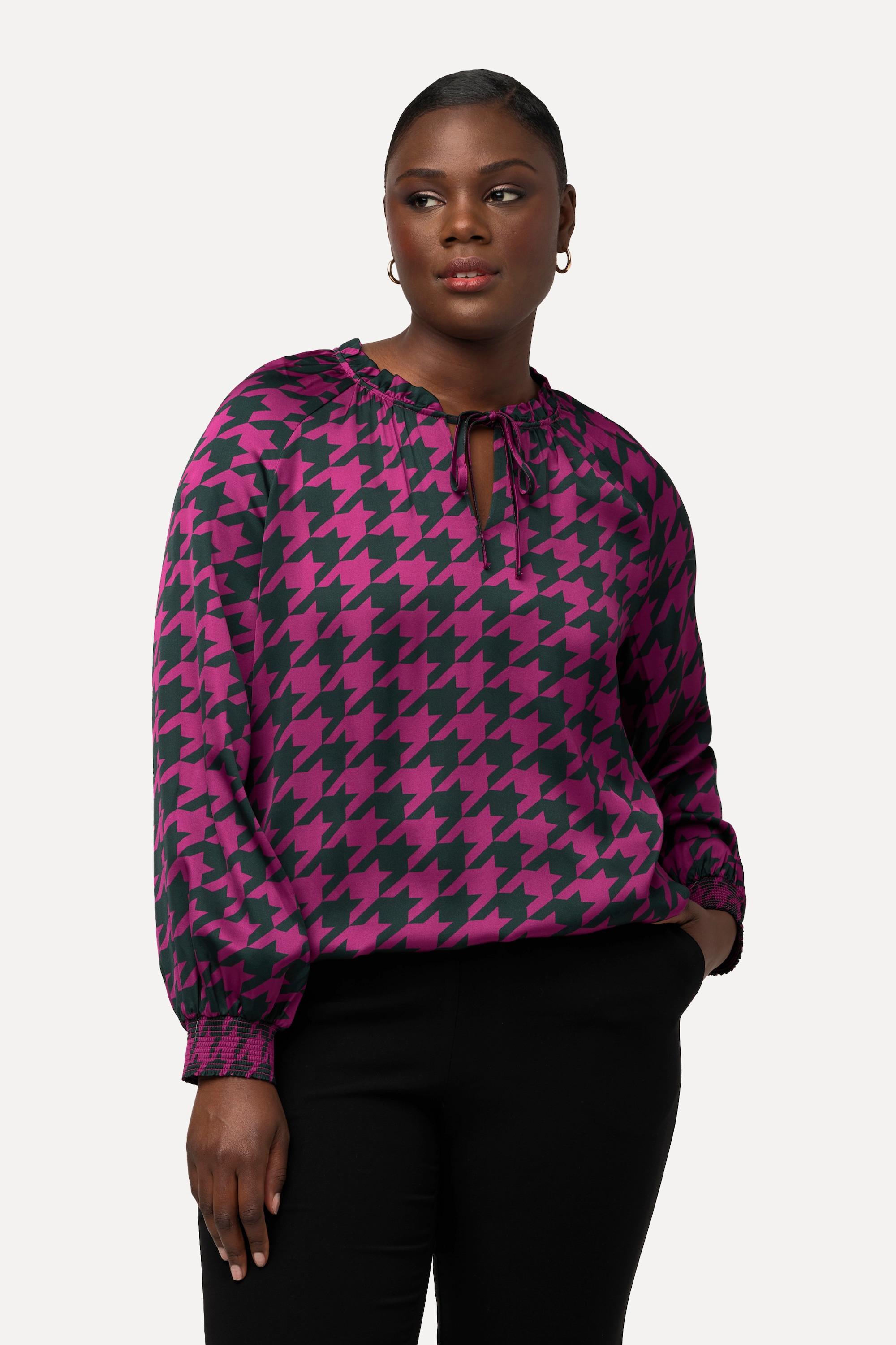 Ulla Popken Raso Pied-de-poule Boxy Blusa Maniche Lunghe  