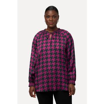 Blouse boxy en satin à col rond et manches longues avec motif pied-de-poule