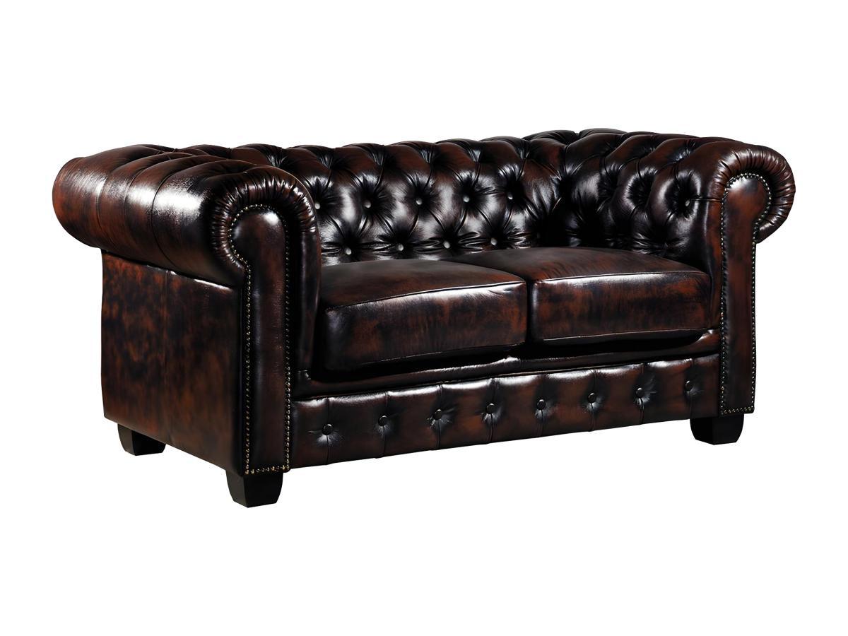 LINEA SOFA Canapé chesterfield 2 places BRENTON 100% cuir de buffle reflets châtains  