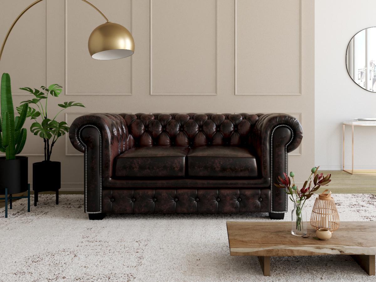 LINEA SOFA Divano Chesterfield a 2 posti 100% cuoio di bufalo e con riflessi castani BRENTON  