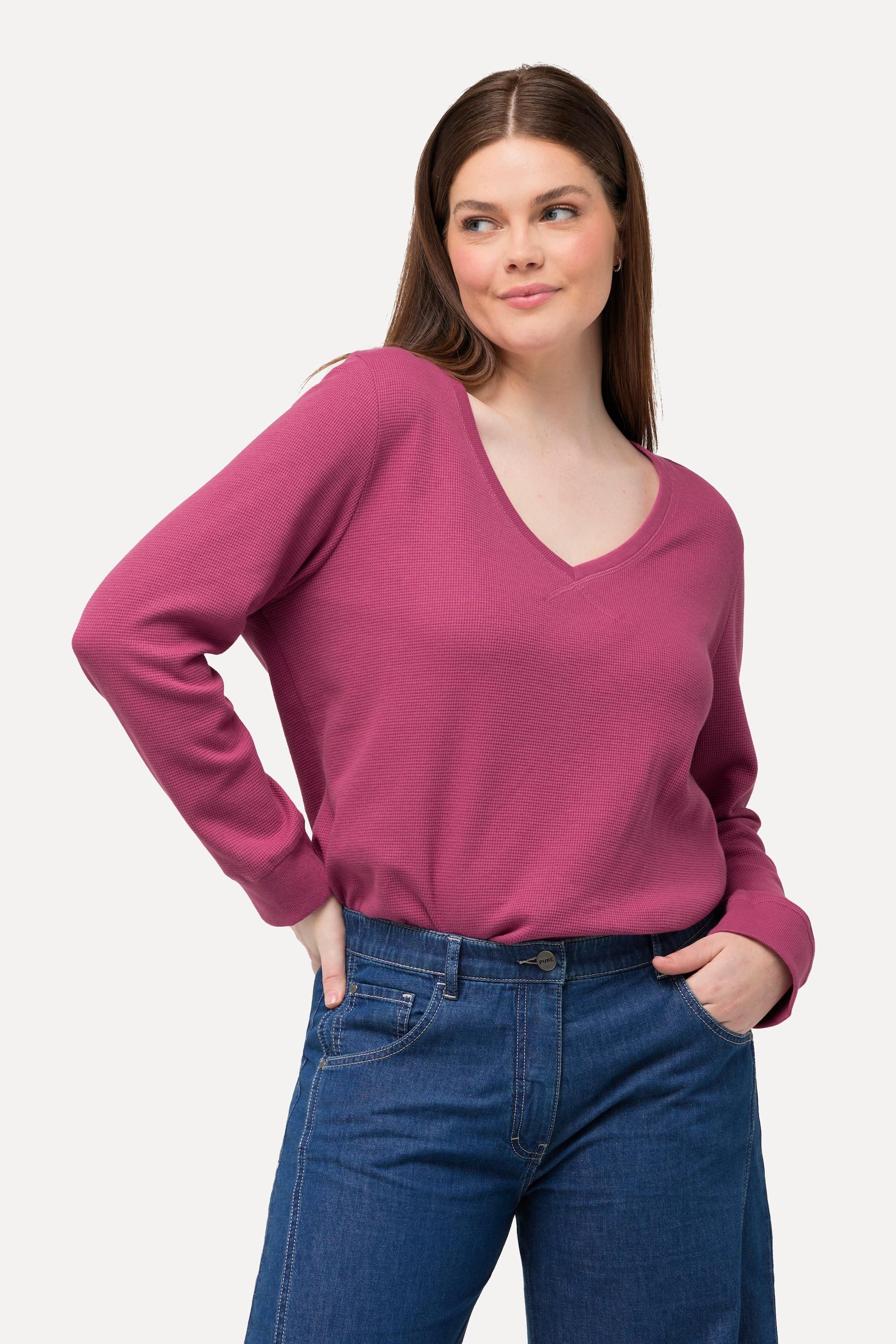 Ulla Popken  Sweat-shirt en molleton texturé, col en V et coton bio 