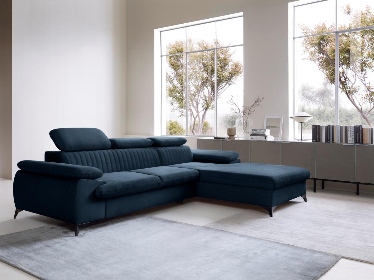 PASCAL MORABITO Canapé d'angle droit convertible en velours bleu nuit SAMARA de Pascal Morabito  