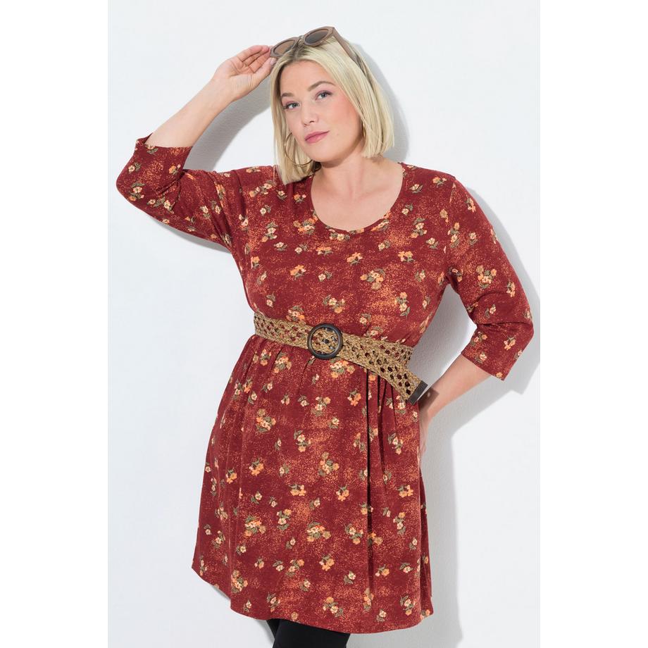 Ulla Popken T-shirt long imprimé à pois décolleté rond manches 3/4 coupe évasée  