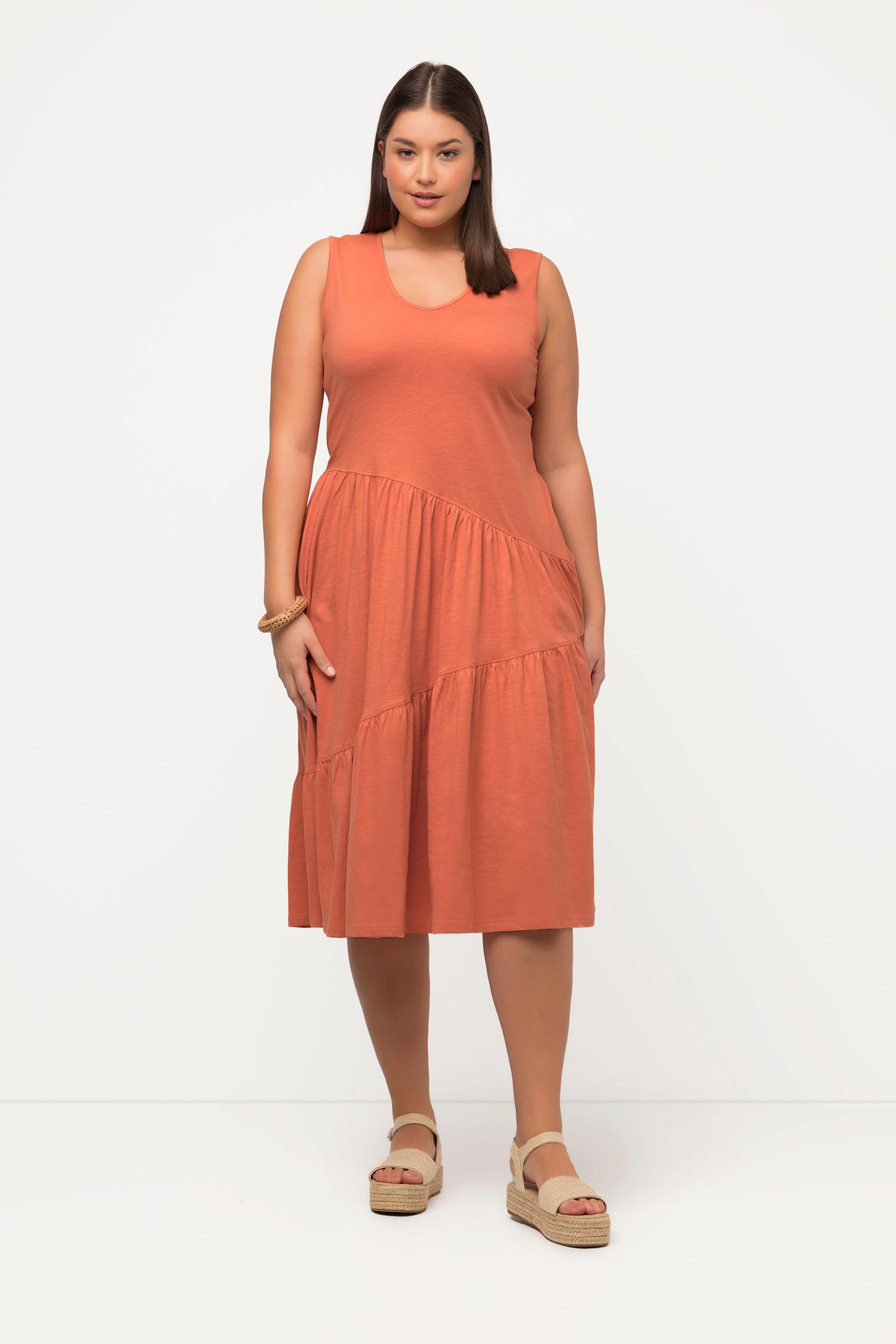 Ulla Popken Abito midi svasato scollo a V smanicato cotone biologico  