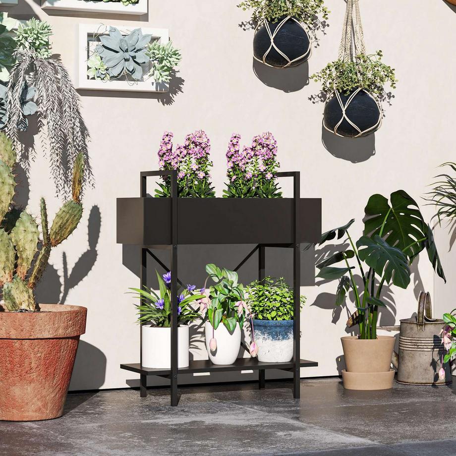 Northio 2-Etagen Pflanzenständer, Blumenständer für Innen Außen, Pflanzenregal aus Metall, mehrstöckig Blumenregal, 70 cm hoch Blumentreppe für Wohnzimmer, Garten Balkon Deko, Schwarz Aosom  