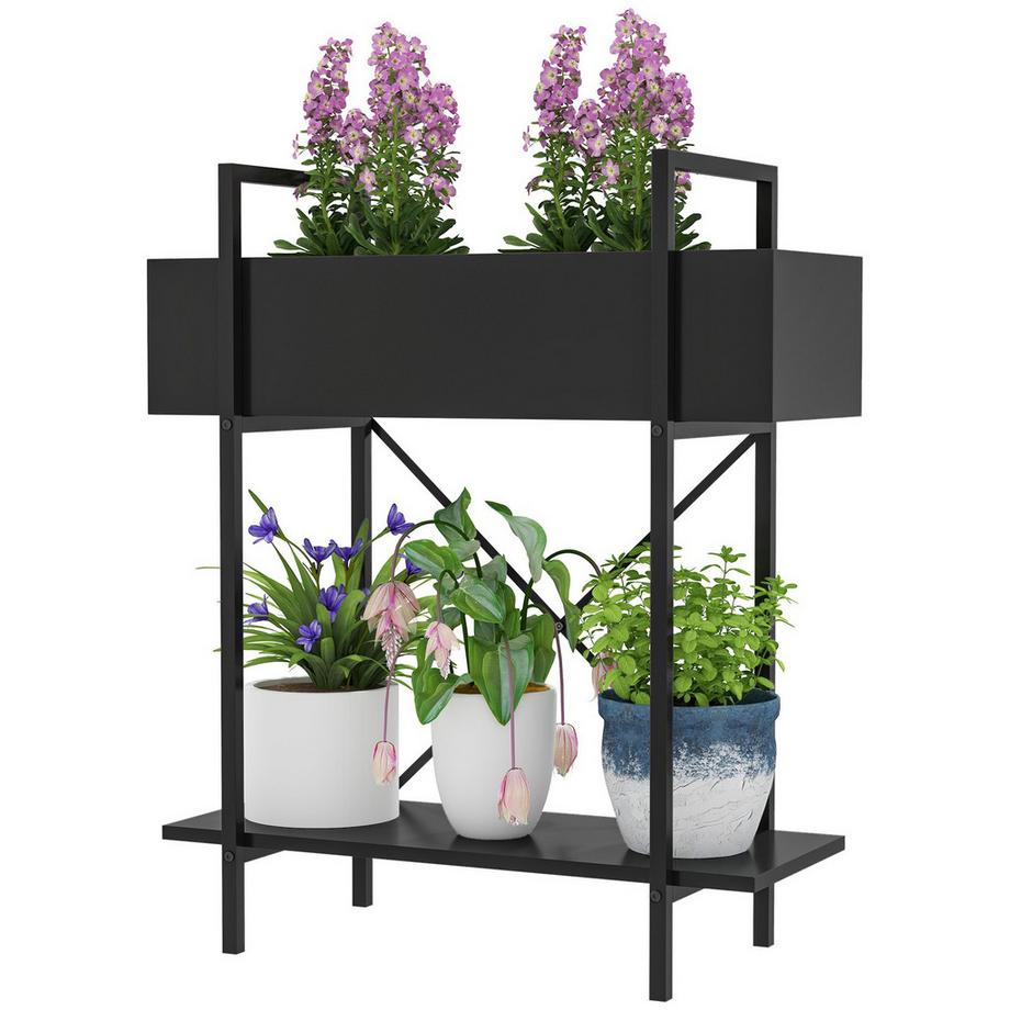 2-Etagen Pflanzenständer, Blumenständer für Innen Außen, Pflanzenregal aus Metall, mehrstöckig Blumenregal, 70 cm hoch Blumentreppe für Wohnzimmer, Garten Balkon Deko, Schwarz Aosom