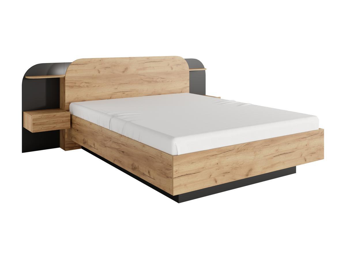 Vente-unique Bett mit Nachttischen + Lattenrost - 160 x 200 cm - Mit LED-Beleuchtung - Holzfarben & Schwarz - JUVISIA  