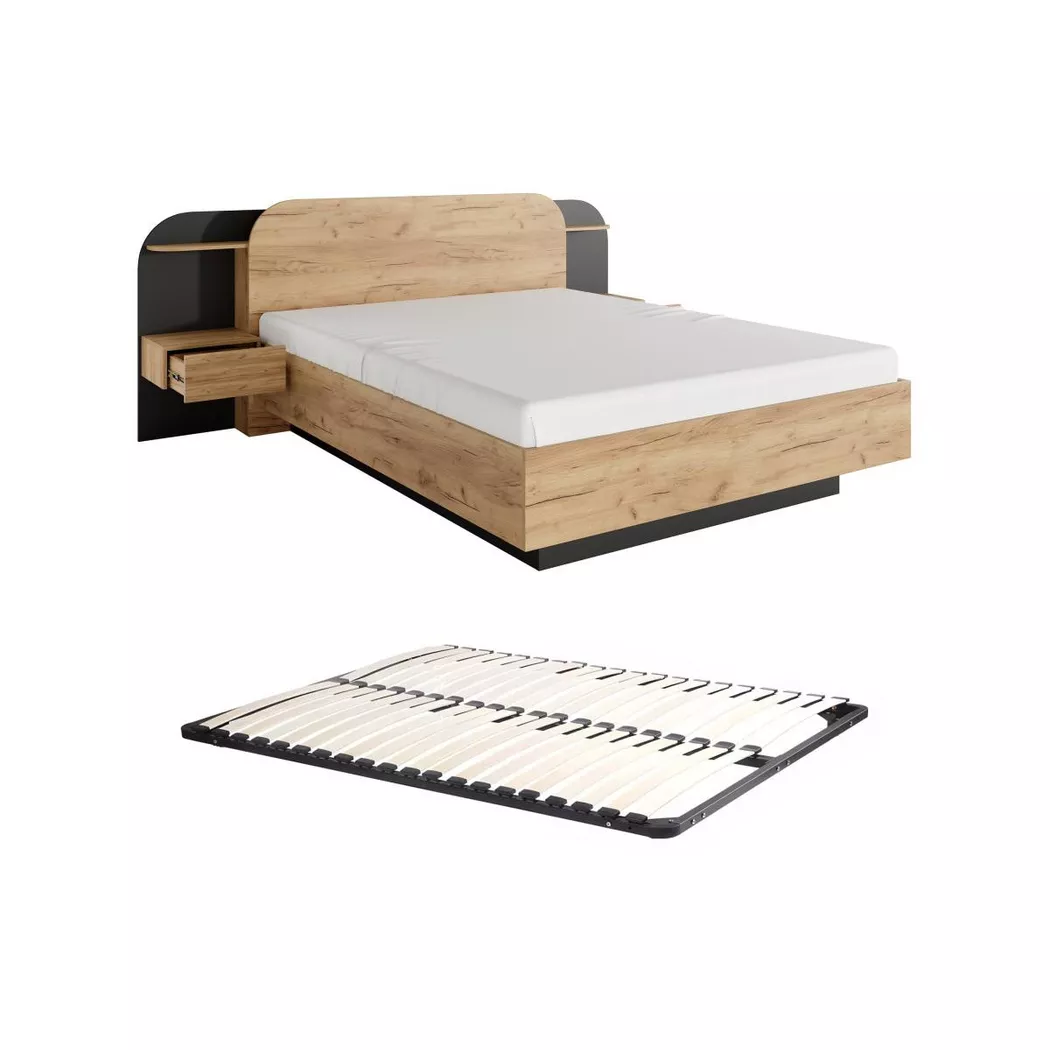 Vente-unique - Lit avec chevets 160 x 200 cm - Avec LEDs - Coloris : Naturel et noir + Sommier - juvisia