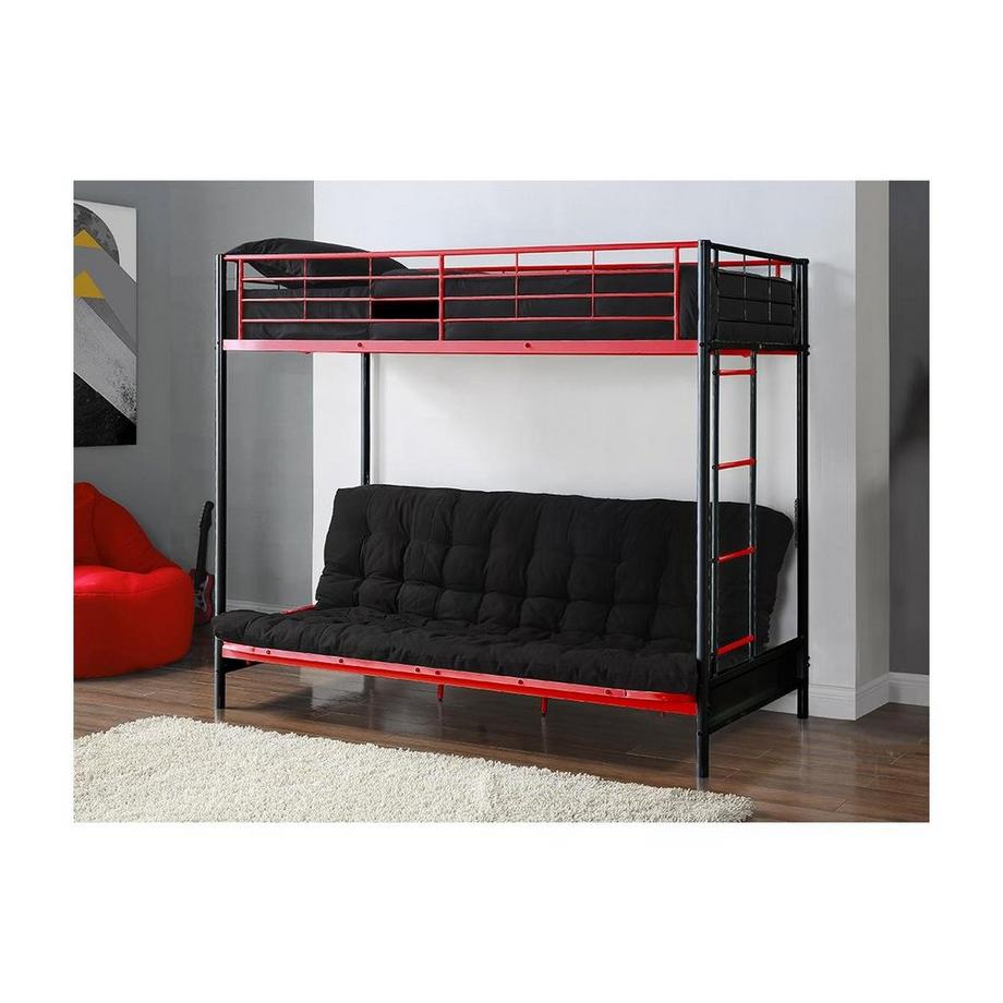 Vente-unique Lit mezzanine 90 x 190 cm - Avec banquette convertible - Métal - Noir et Rouge + Futon + Matelas - MODULO V  