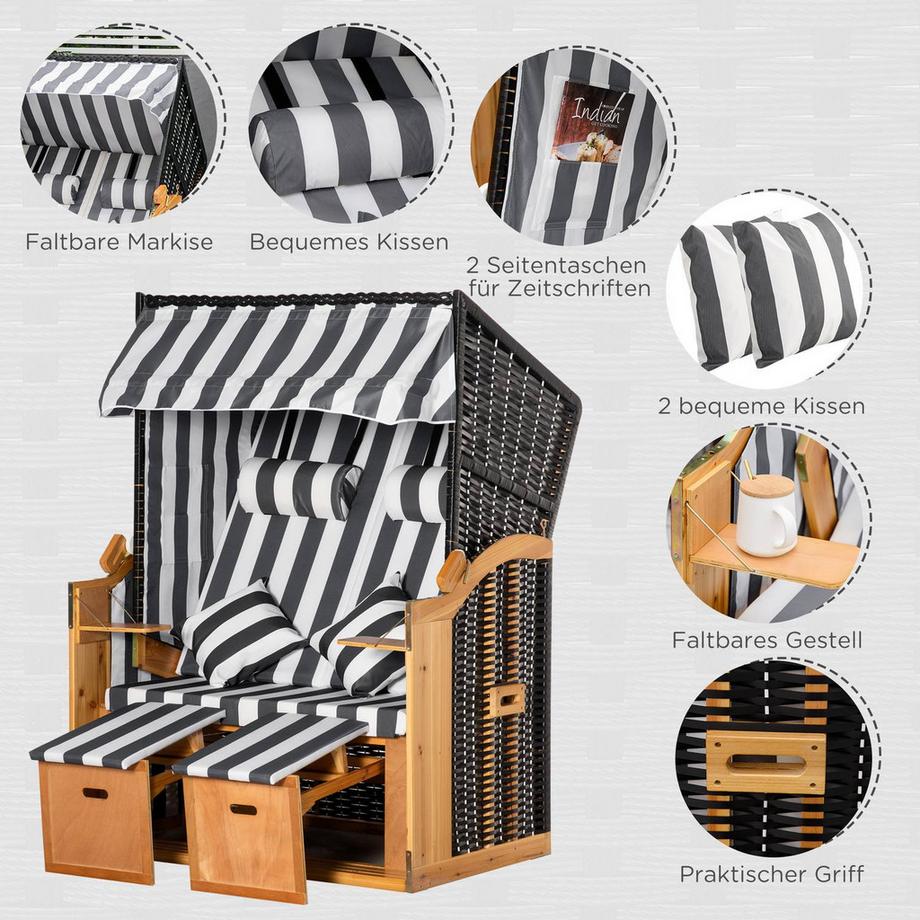 Northio Strandkorb Doppelliege Dach Getränkehalter 5-Stufen Rückenlehne Pe-Rattan Grau+Weiß 118X79X160Cm  