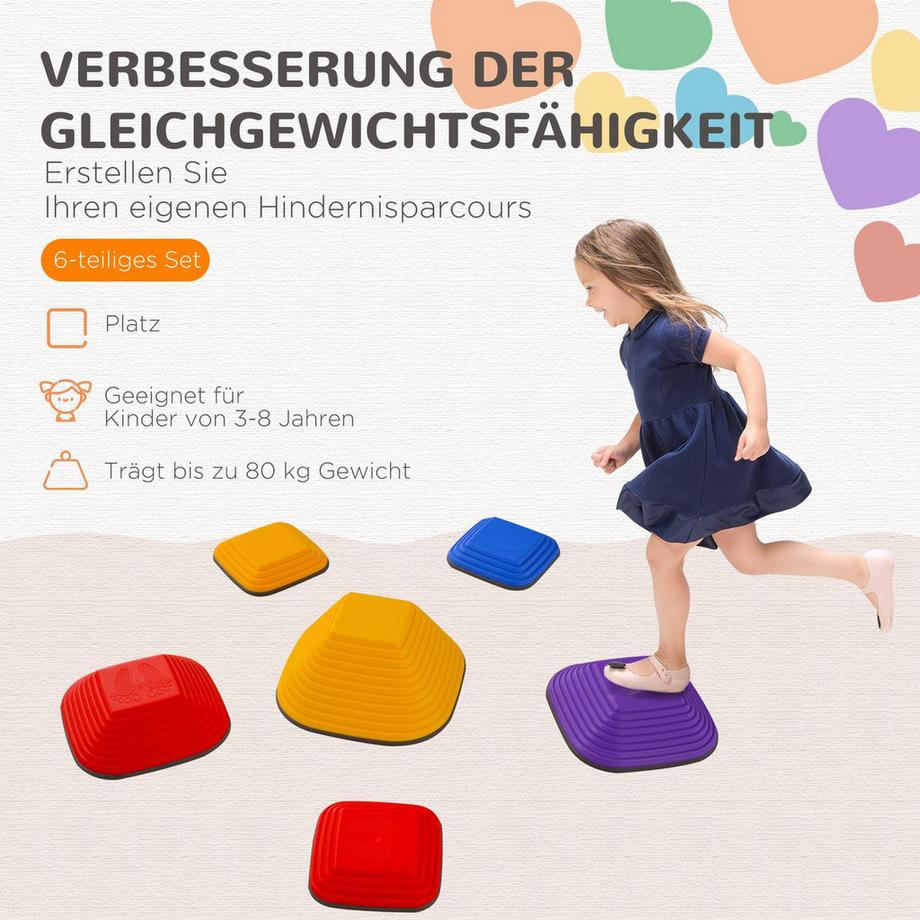 Northio  Flusssteine, 6-tlg. Balanciersteine in Quadratischform, Stapelbar & Rutschfest Stapelsteine bis 80 kg Belastbar, für 3-8 Jahre Kinder, Bunt 