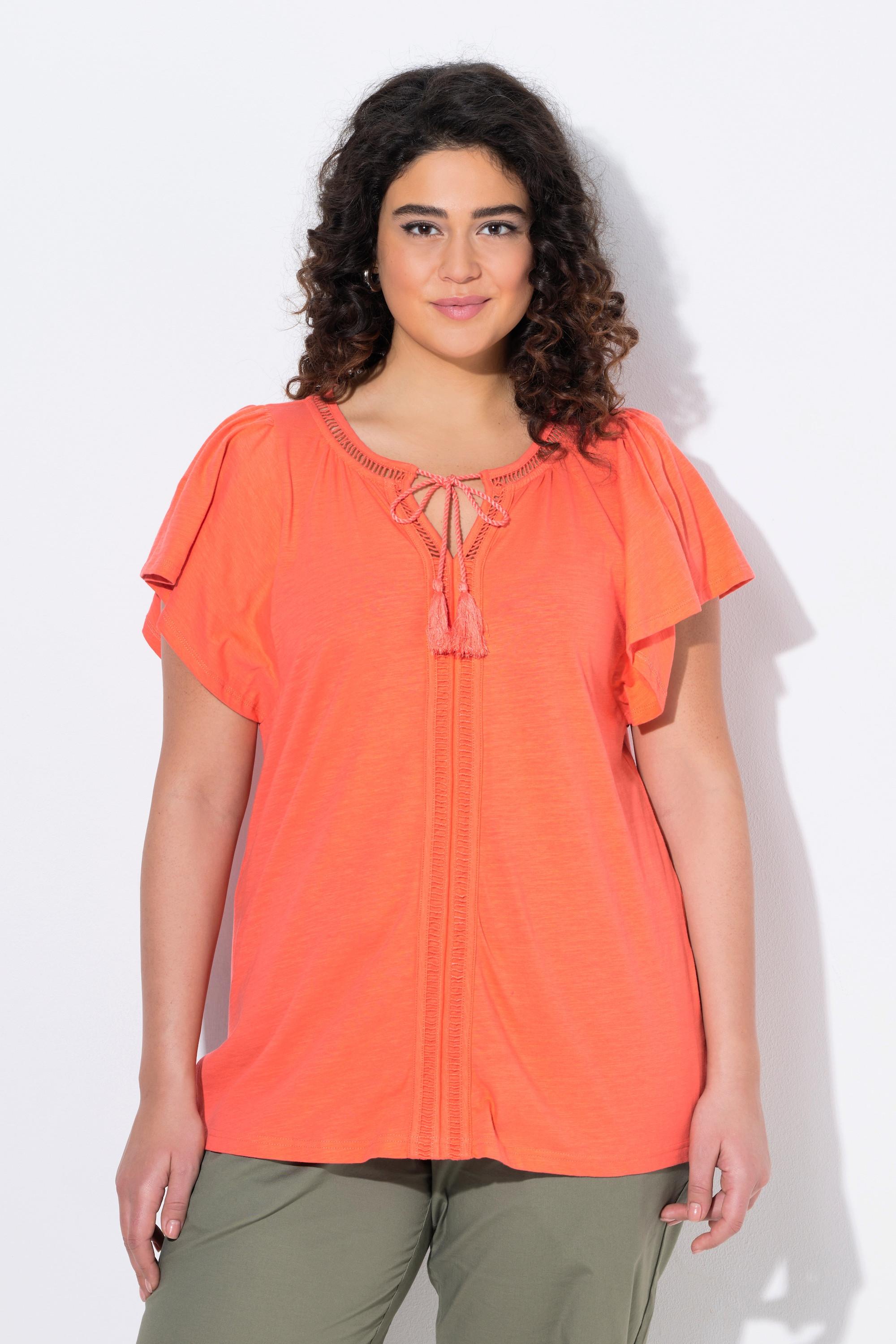 Ulla Popken T-shirt Passamaneria Decorativa Scollo a Tunica Mezze Maniche ad Aletta  