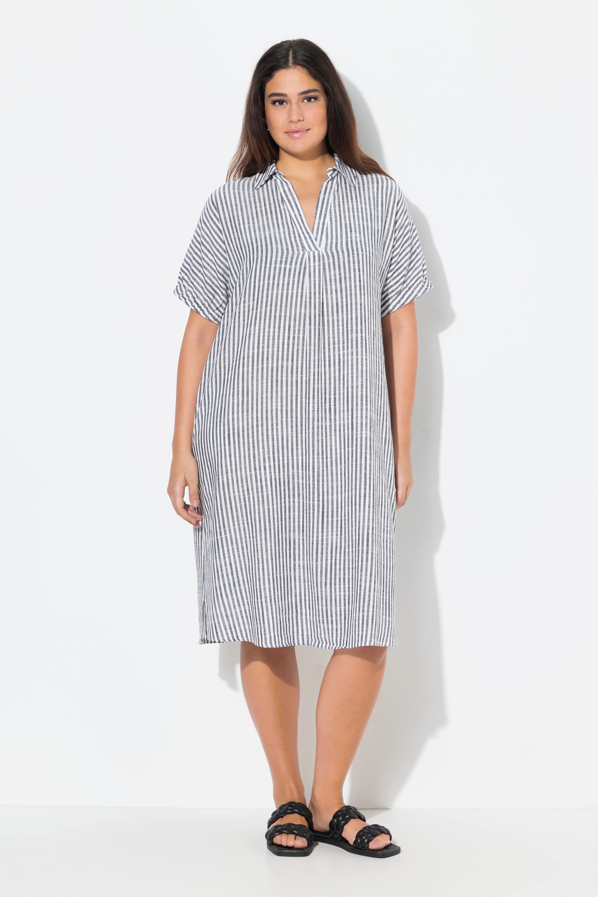 Ulla Popken Robe Oversize Lin Mélangé Rayures Col Chemise Manches Courtes  