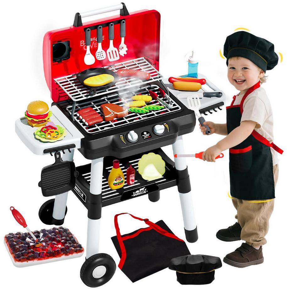 Kinderküche, Spielzeug-Grill-Grill-Spielset, Interaktives Spielzeug zum Kochen mit Rauch-Sound-Licht-Simulation