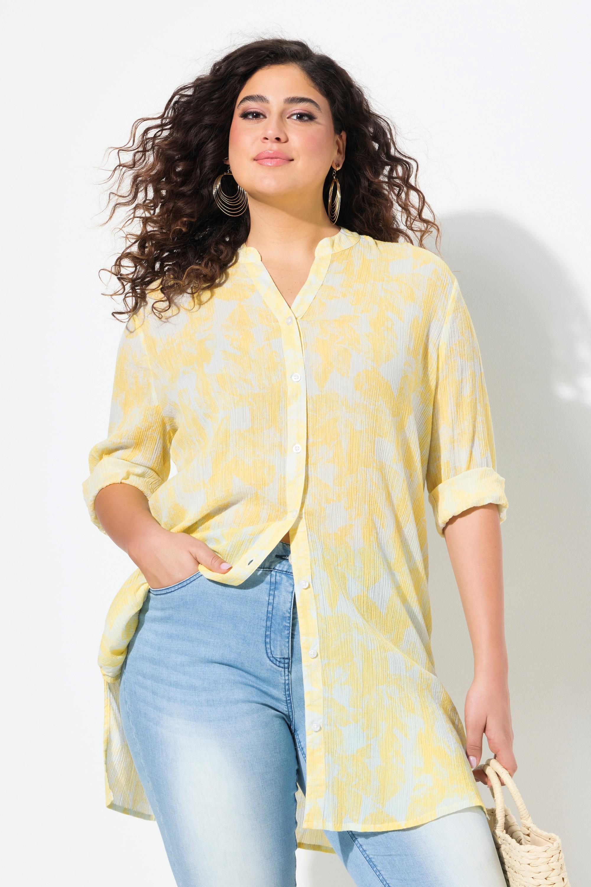 Ulla Popken Blusa lunga in crêpe stampata collo alla coreana maniche 3/4  