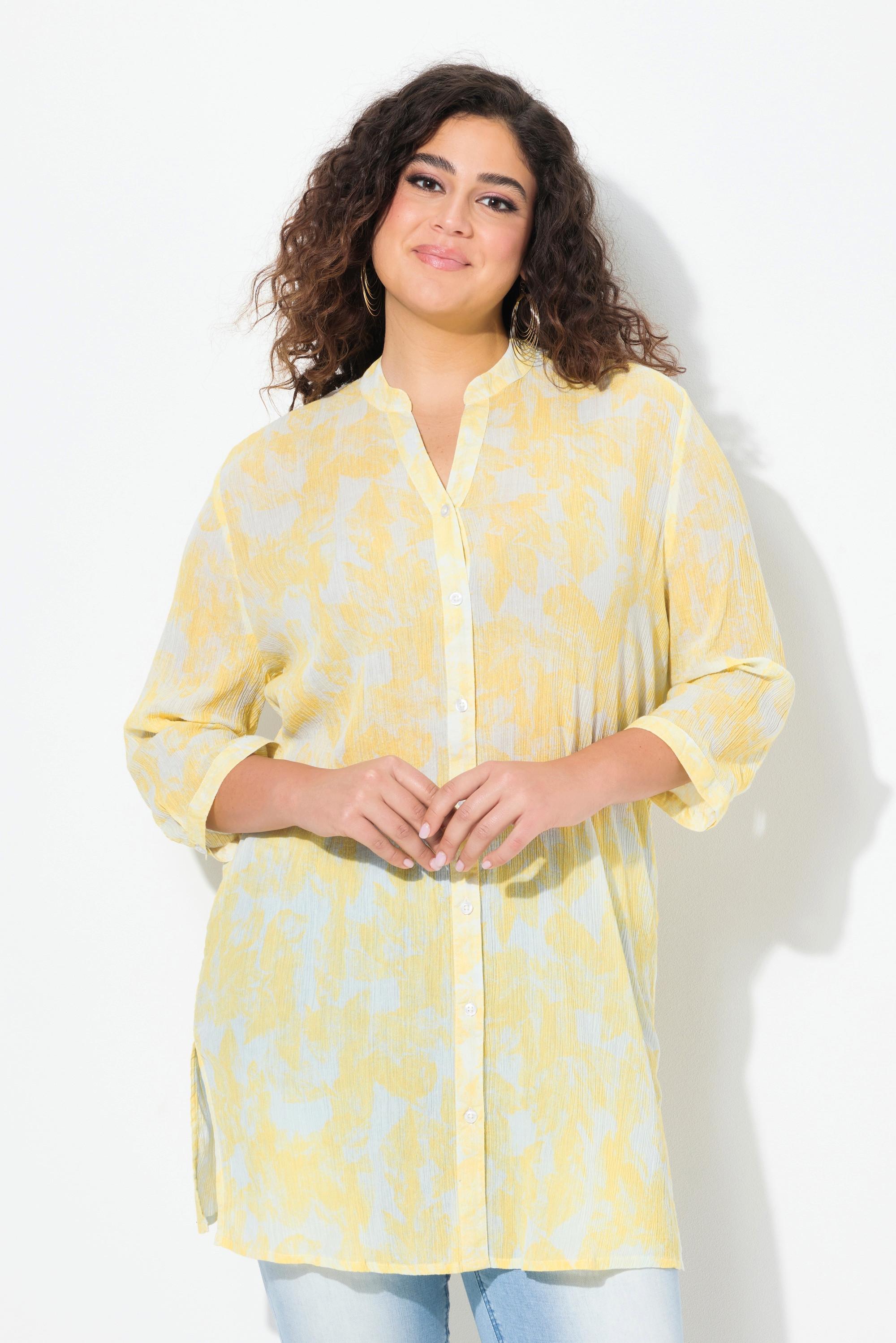 Ulla Popken Blusa lunga in crêpe stampata collo alla coreana maniche 3/4  