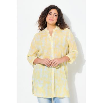 Blusa lunga in crêpe con stampa, collo alla coreana e maniche a 3/4