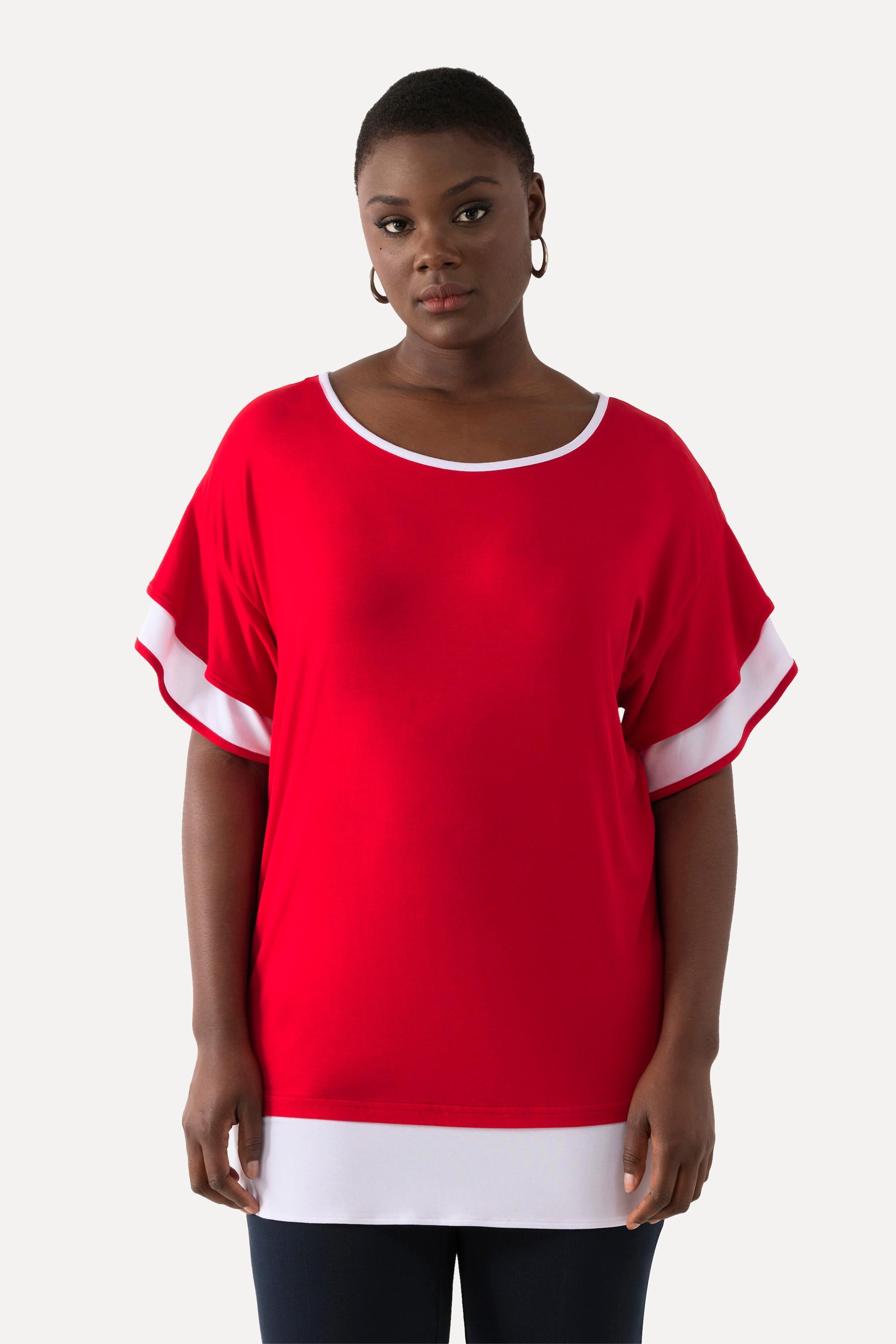 Ulla Popken  T-shirt dal taglio oversize con scollo a girocollo e mezze maniche con volant 