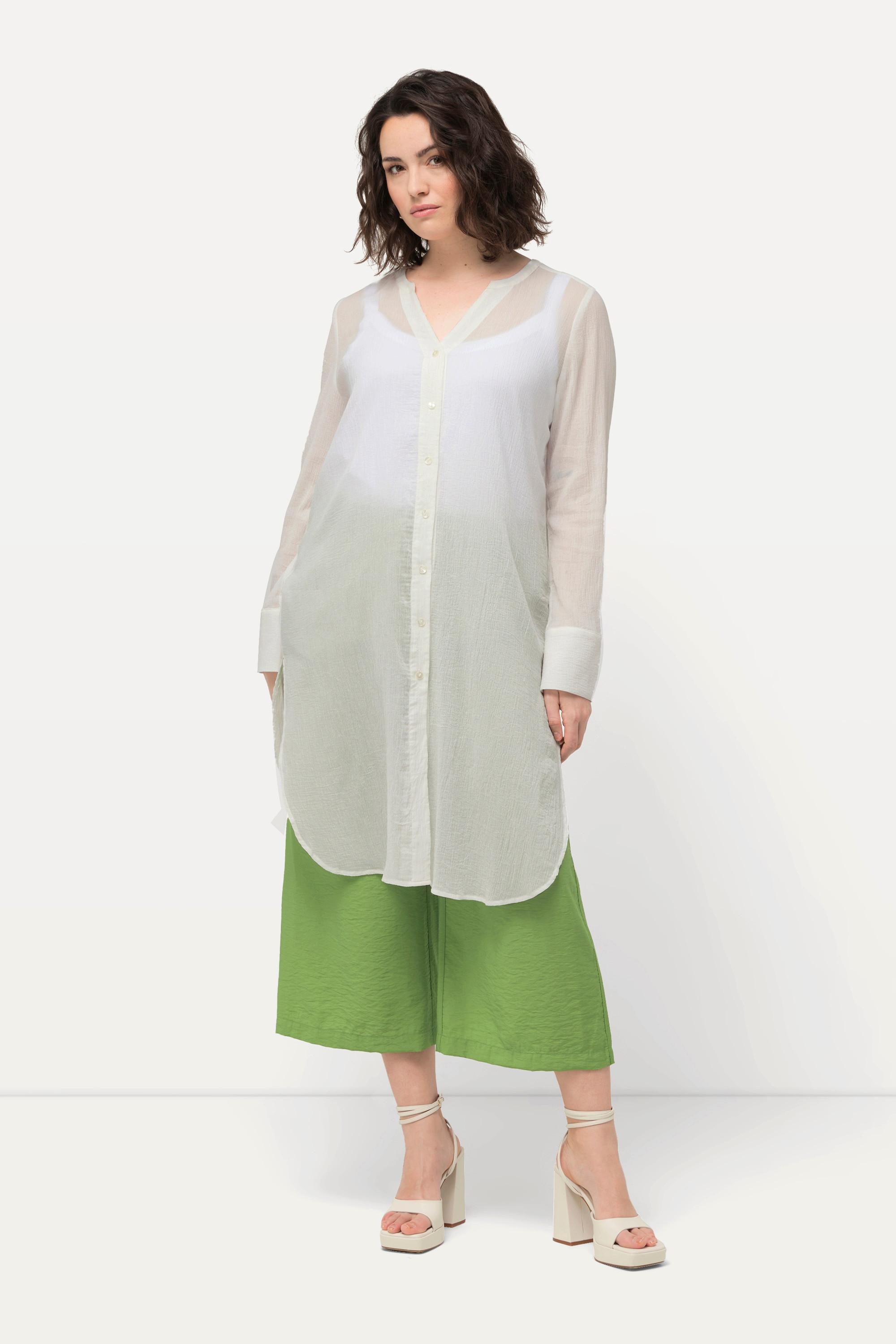 Ulla Popken  Blouse longue à tissu texturé. Ligne A avec col tunisien et manches longues 