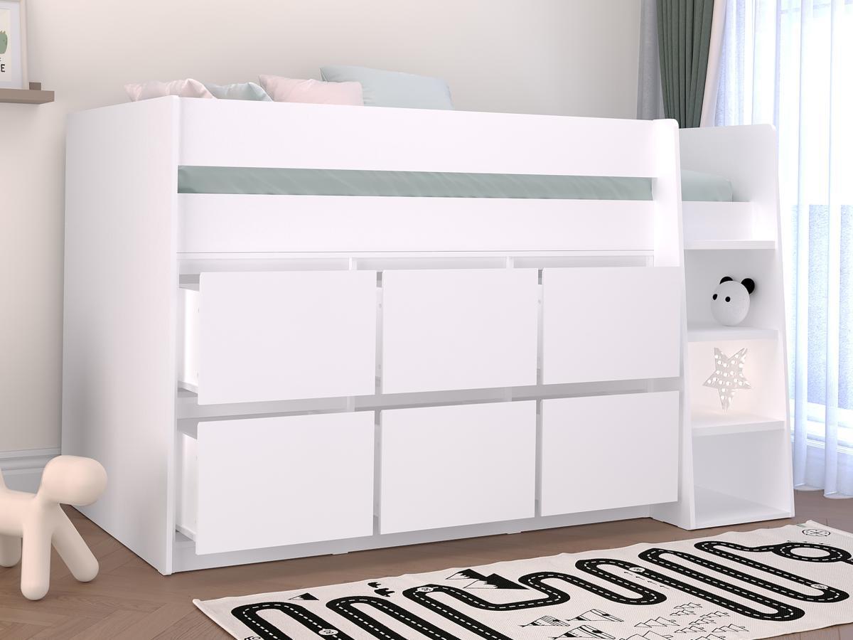 Vente-unique Letto mezza altezza 90x 190 cm con 6 cassetti Bianco + Materasso - CAMALETI  