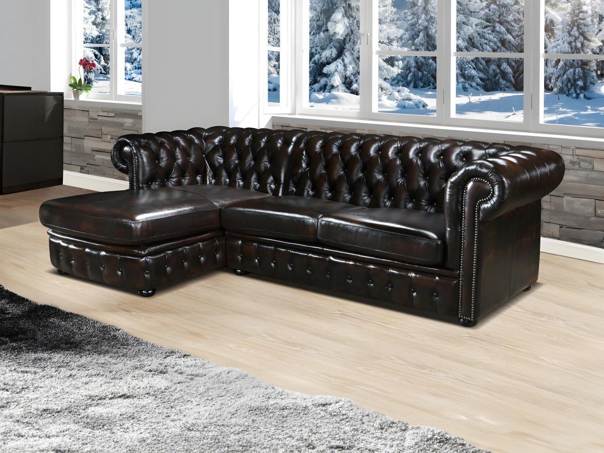 Vente-unique Chesterfield Ecksofa Büffelleder Ecke Links Dunkelbraun BRENTON  