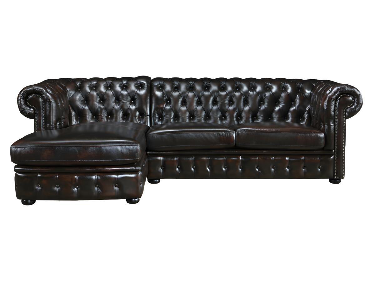 Vente-unique Chesterfield Ecksofa Büffelleder Ecke Links Dunkelbraun BRENTON  