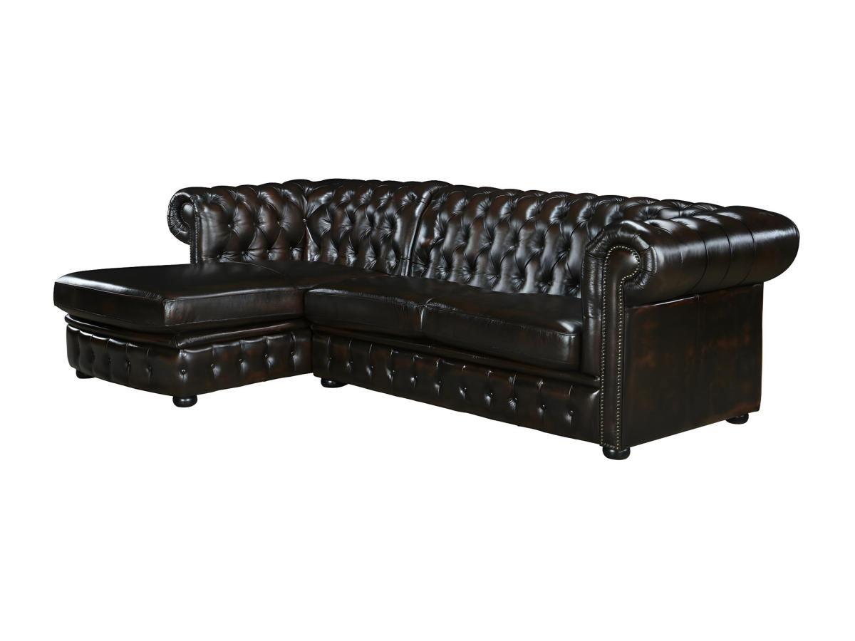 Vente-unique Chesterfield Ecksofa Büffelleder Ecke Links Dunkelbraun BRENTON  